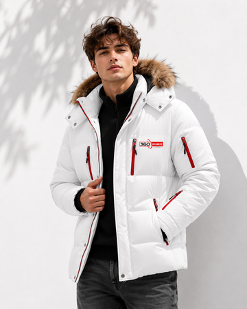 360 Degree Premium White Puffer Jacket with Faux Fur Hood – Men's Winter Parka