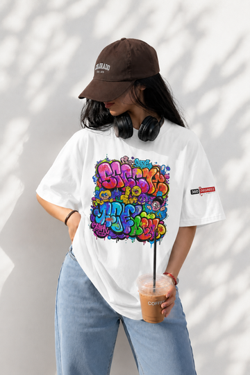 360 Degreez Oversized Graffiti Graphic T-Shirt – Premium Streetwear Unisex Tee (White)