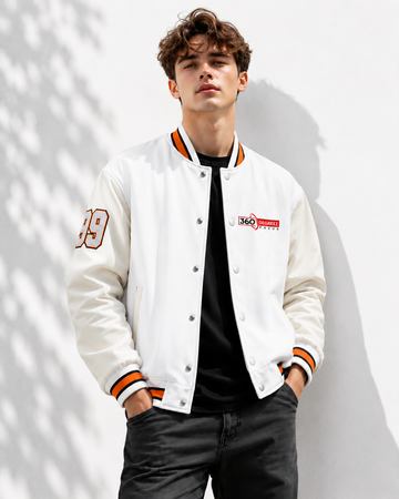 360 Degreez Focus Premium Varsity Jacket – White & Black | Unisex Casual Bomber Jacket