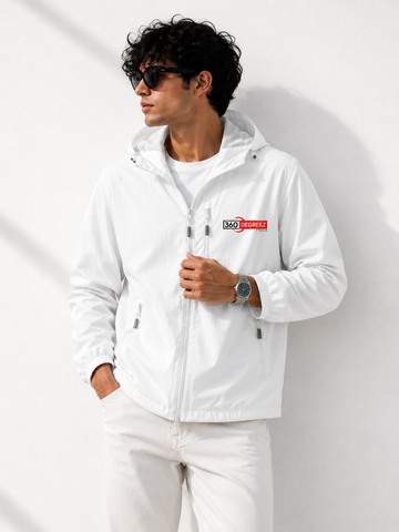 360 Degreez Focus Premium White Windbreaker Jacket – Lightweight Hooded Zip-Up | Men's Outdoor Jacket